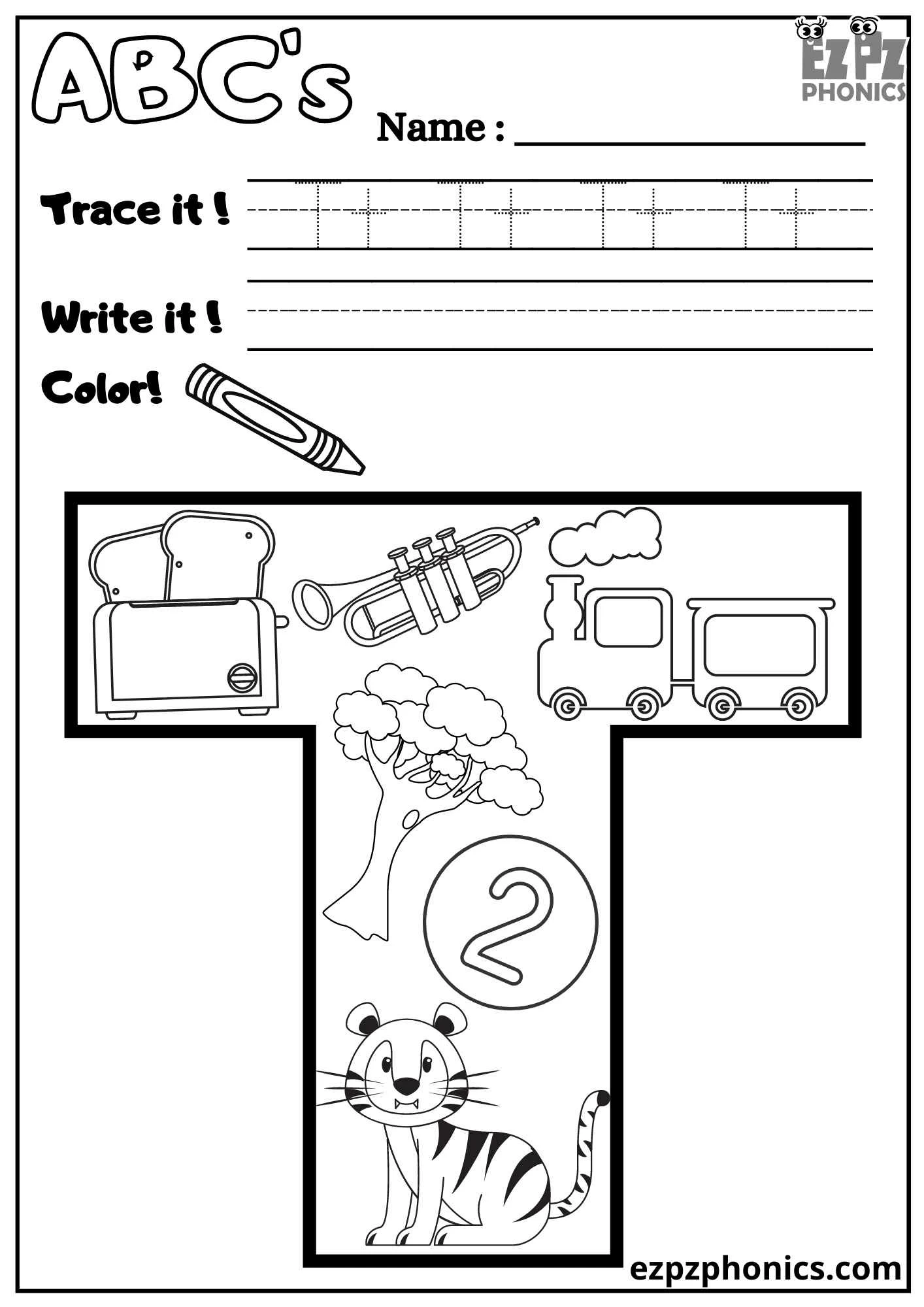 Letter T Trace, Write, and Color 